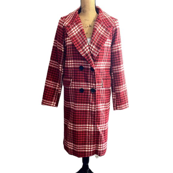 Chartou Red White Plaid Peacoat Winter Coat Longline Wool Blend Size Small‎ - Picture 1 of 6